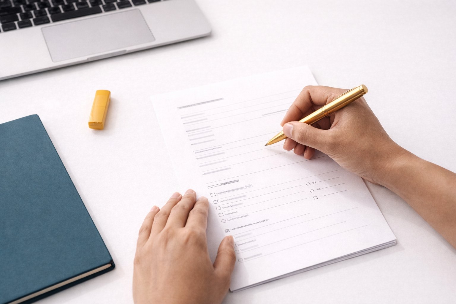 Hands Completing A Consent Orders Form At A Home Desk