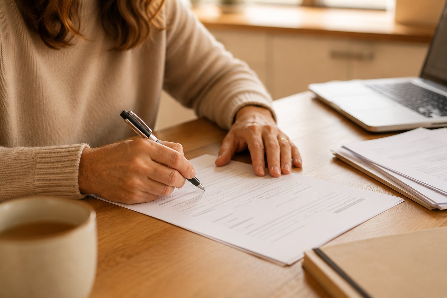 Hands Completing The Consent Order Application Form By Hand At A Kitchen Table With Supporting Documents Nearby