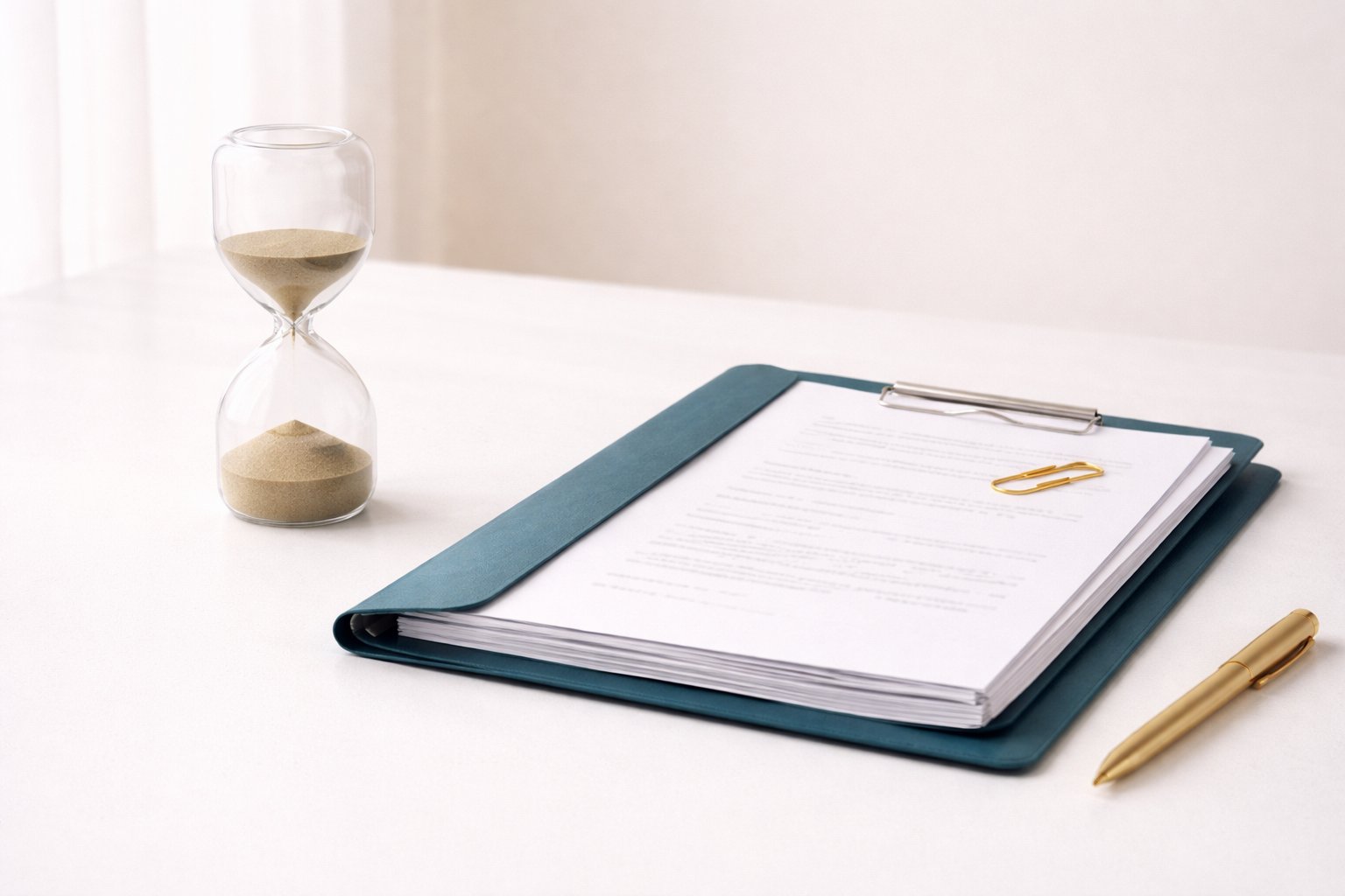 Hourglass Beside A Folder Of Consent Orders Documents