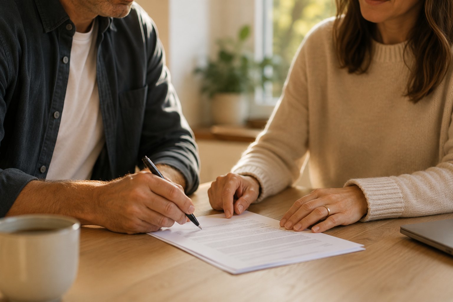 Separating Couple Amicably Signing Their Property Agreement At Home, The First Step In How To Apply For A Consent Order